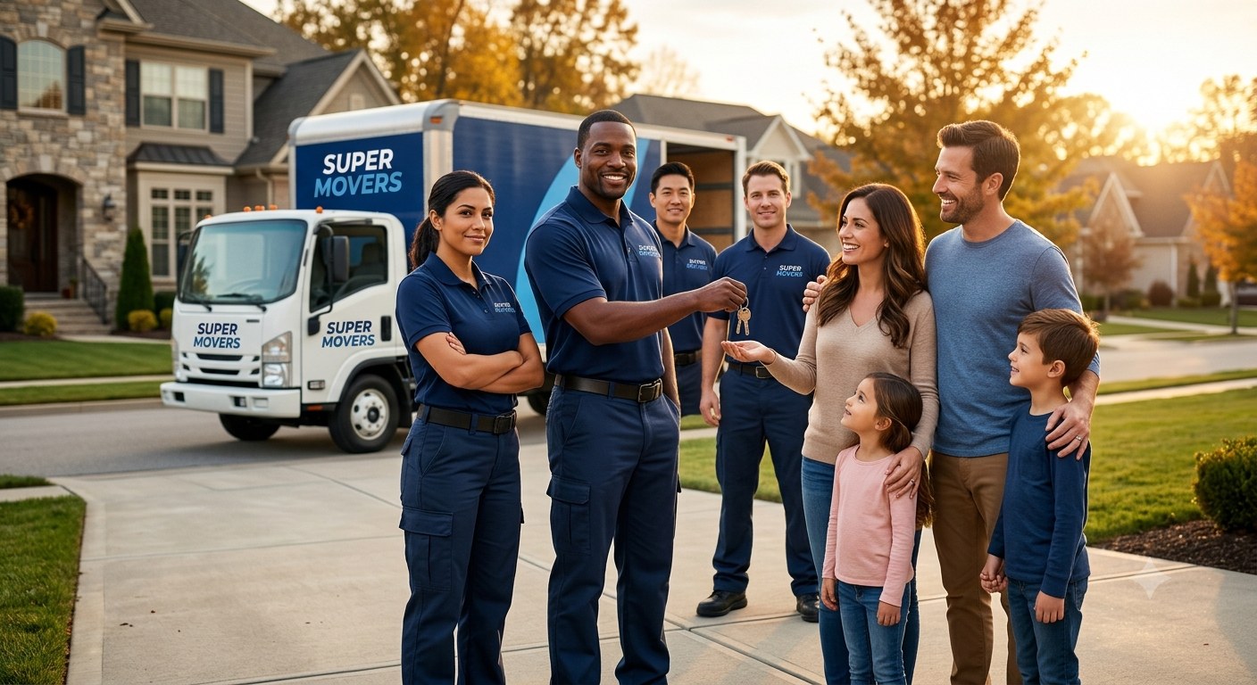 Super Movers crew handing house keys to a happy family beside the moving truck