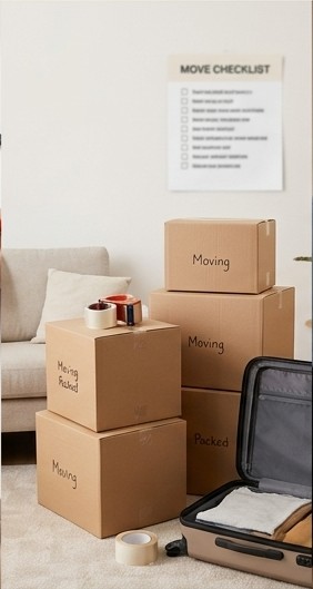 Packed and labelled moving boxes with a checklist, ready for moving day