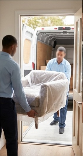 Super Movers crew carrying furniture into a home on move day