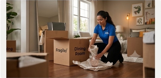 Super Movers crew member carefully wrapping fragile items into a labelled box