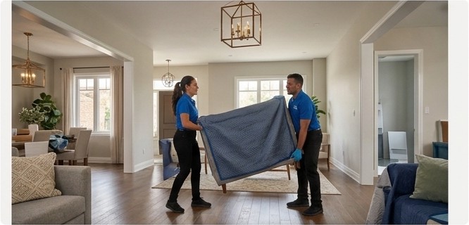 Two Super Movers crew members carrying wrapped furniture through a home