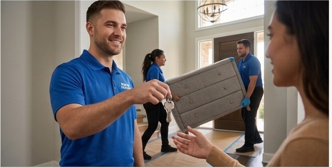 Super Movers team member handing house keys to a new homeowner
