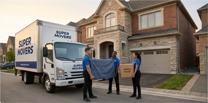 Super Movers crew with the moving truck in front of a customer's home