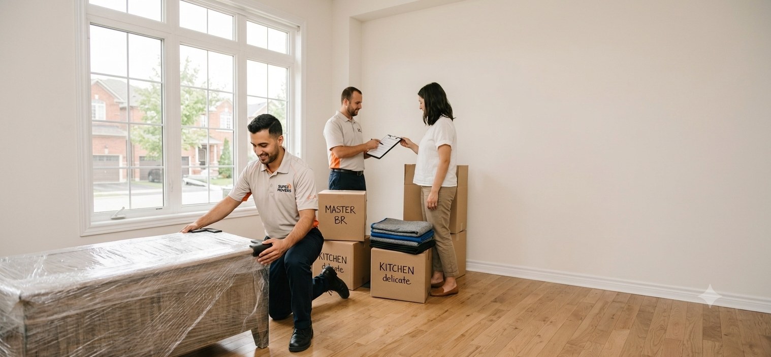 Super Movers crew wrapping and inventorying furniture with a customer in a GTA home